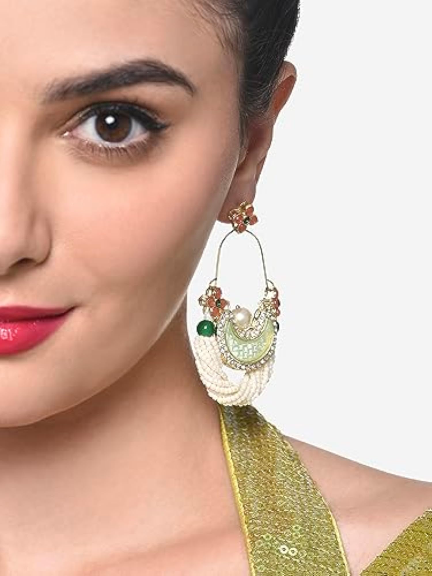 Peach Dazzling Stones Cresent Ethnic Dangle Earring